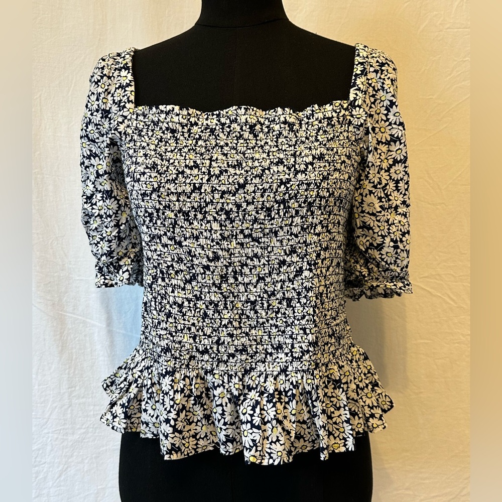 J.Crew Smocked Floral Puff Sleeve Peplum Top XL NWT Daisy Cottagecore